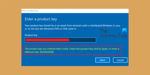 Error 0xc0020036, The product key you entered did not work