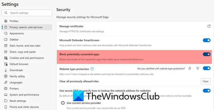 Enable or Disable PUA protection in Edge
