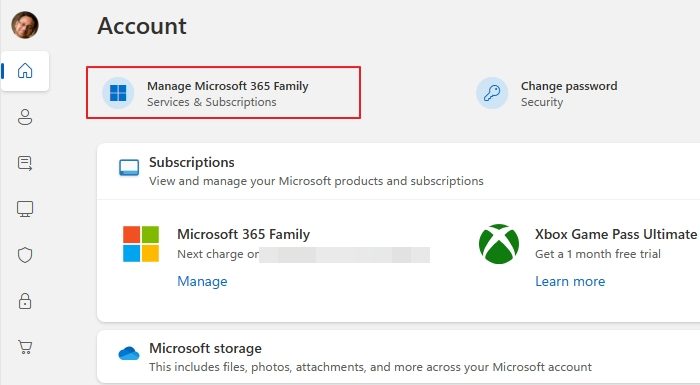 Manage Microsoft 365 Family Account Page
