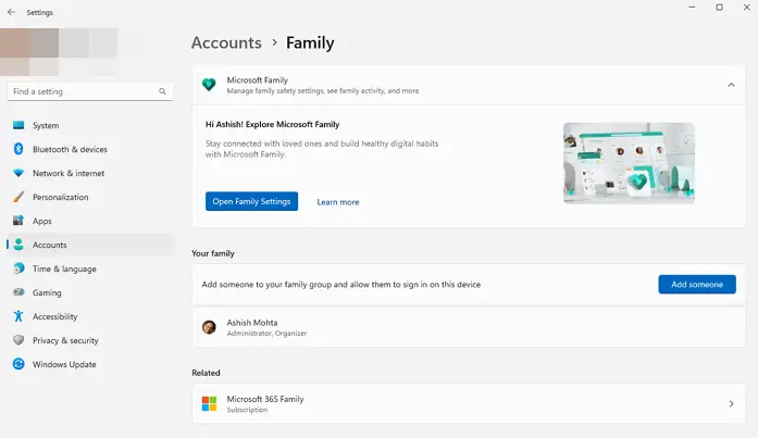 Microsoft Settings Family Section