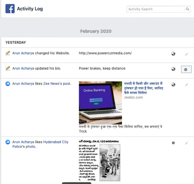 facebook activity log settings