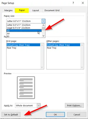 how to set default page layout in word