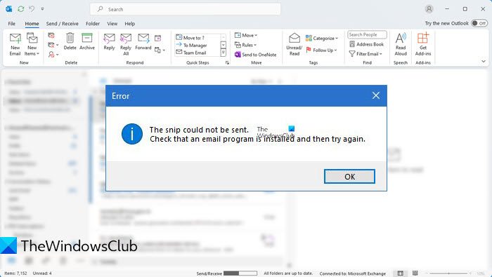 The snip could not be sent Outlook