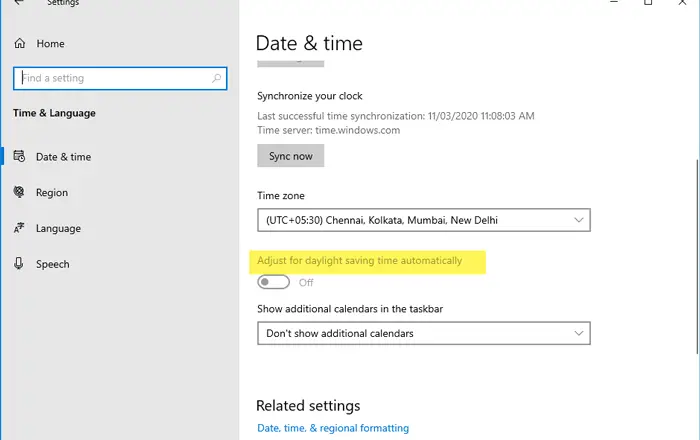 Adjust for daylight saving time automatically is grayed out