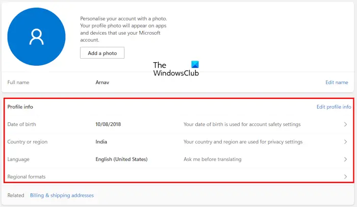 Change date of birth Microsoft account