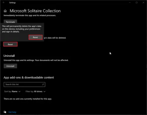 microsoft solitaire collection reset will not work