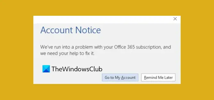 Account Notice error message in Office 365