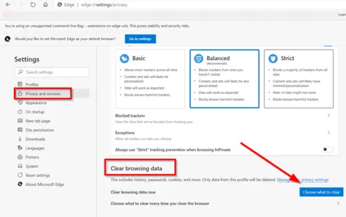 clearing cache and cookies on microsoft edge