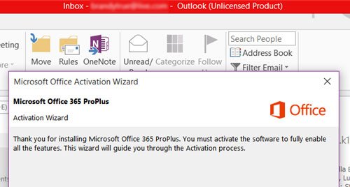 office 365 says unlicensed product