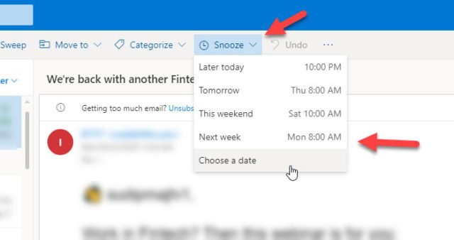 outlook 365 snooze email