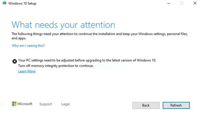 Deaktivieren Sie Den Speicherintegritätsschutz, Um Mit Der Aktualisierung Von Windows 10 Fortzufahren