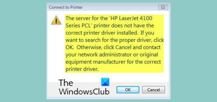 server for the printer does not have the correct printer driver installed