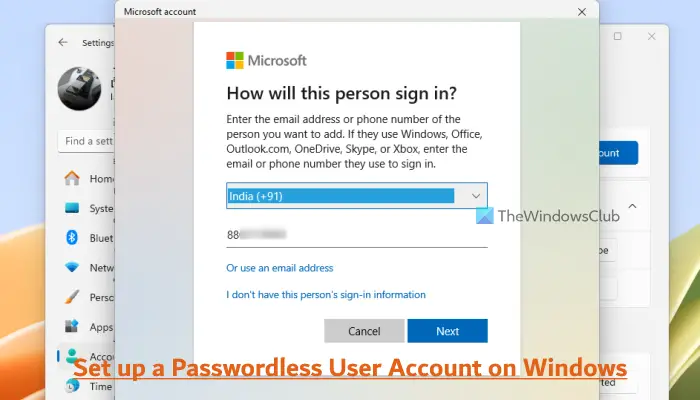 set up passwordless user account windows