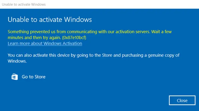 Windows Activation Errors 0x87e10bcf  0x87e10bc6 or 0x803f7008 - 10