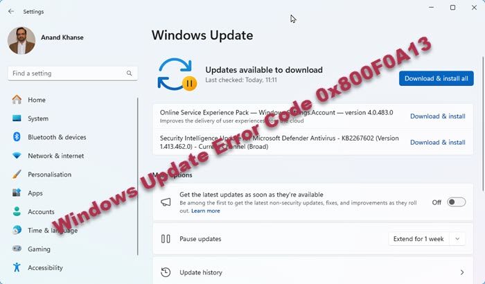 Windows Update Error Code 0x800F0A13