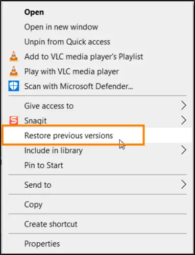 Remove Restore previous versions Context menu item in Windows 11/10