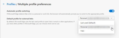 How to specify the Default profile to open external links in Edge