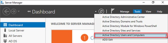 Active Directory users and computers in Server Manager