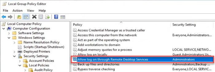 Allow Log on through Remote Desktop services policy