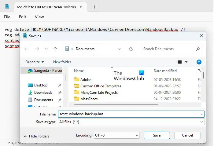 Creating bat file to reset Windows Backup