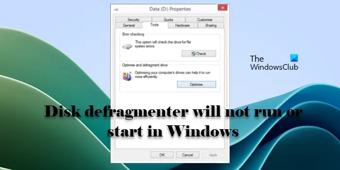 Disk defragmenter will not run or start in Windows