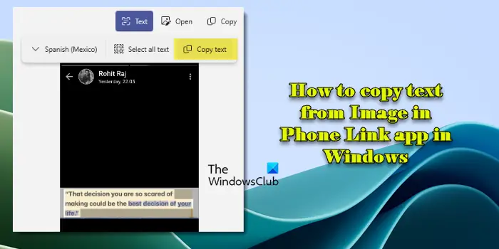 How to copy text from Image in Phone Link app in Windows