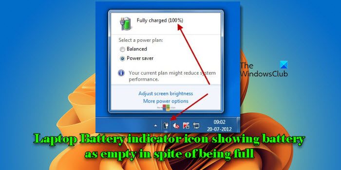 Laptop Battery indicator icon showing battery as empty in spite of being full