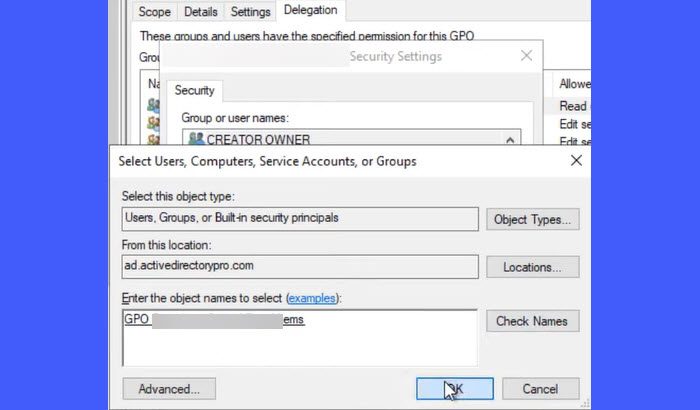 Selecting user or group in GPO