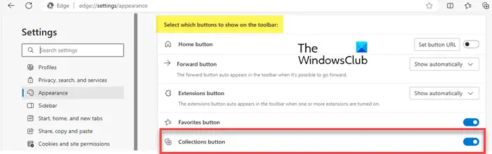 Show or Hide the Collections button from Edge Settings
