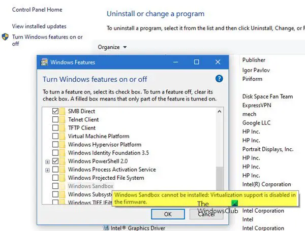 Windows Sandbox cannot be installed, Virtualization support is disabled in the firmware