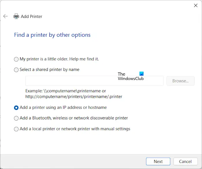 Add network printer manually Windows 11