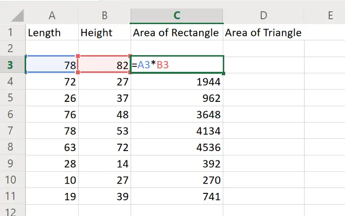 Calculate areas of rectangle, triangle, and circle in Excel