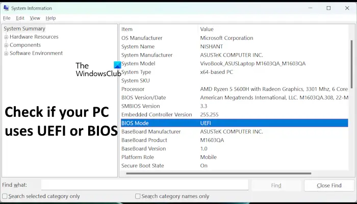 Check if PC uses UEFI BIOS