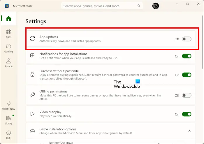 Disable Automatic app updates Microsoft Store