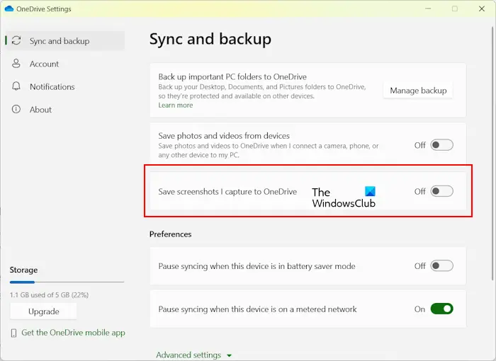 Disable Save screenshots to OneDrive option