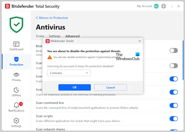 Disable third-party antivirus