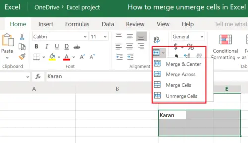 unmerge cells excel for mac