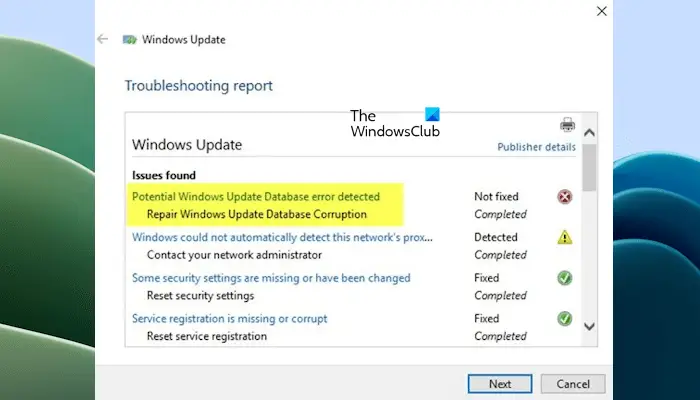 Potential Windows Update Database error detected