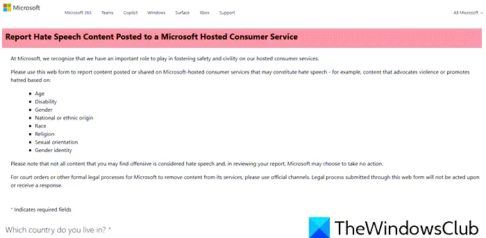 Report Hate Speech to Microsoft