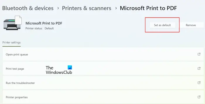 Set Microsoft Print to PDF as default
