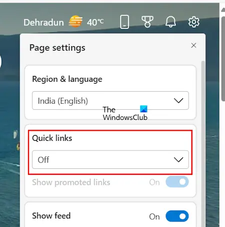 Turn off Quick Links in Edge