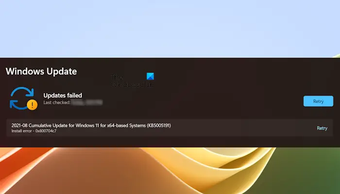 Windows Update Error Code 0x800704c7