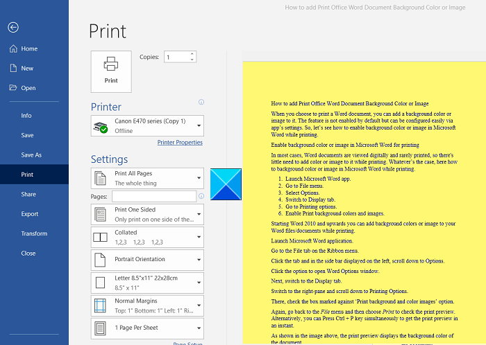 How to print Background and Color Images in Word