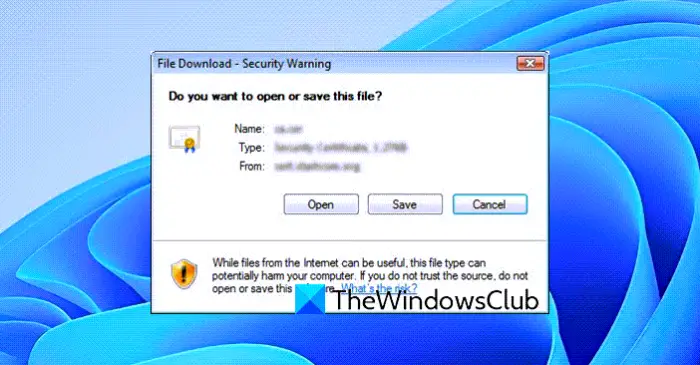 Clicking on Favorites opens the File Download Security Warning box