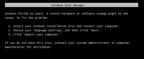 Windows failed to start; Hardware or software change might be the cause