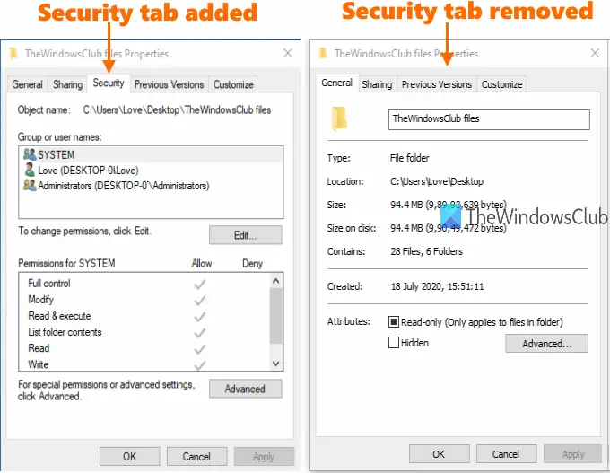 add or remove security tab in windows 10