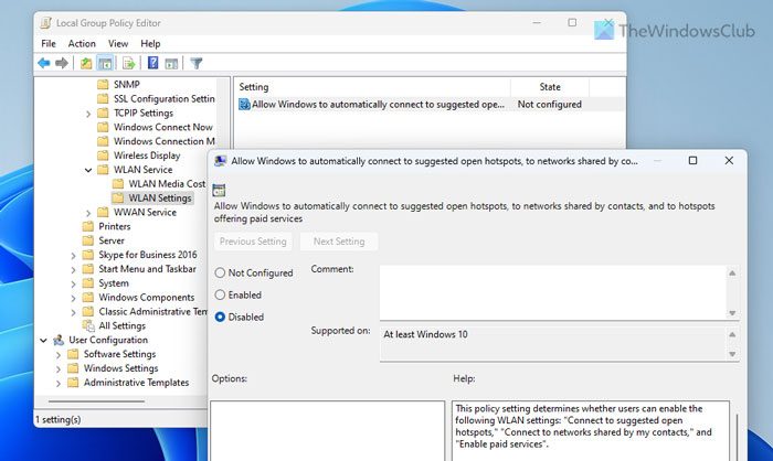 How to disable Wi-Fi Sense in Windows 11/10 Enterprise or Pro Edition