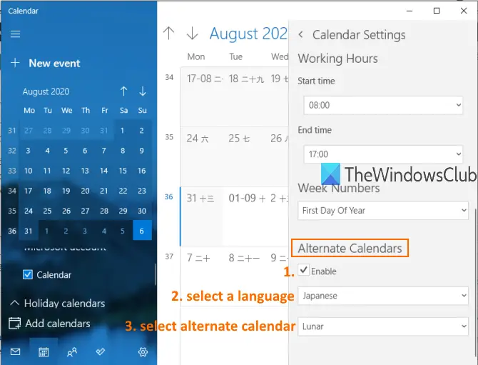 Enable or Disable Alternate Calendar in Calendar app of Windows 11/10