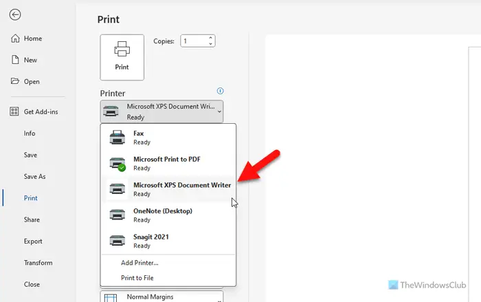 How to print to the Microsoft XPS Document Writer on Windows PC