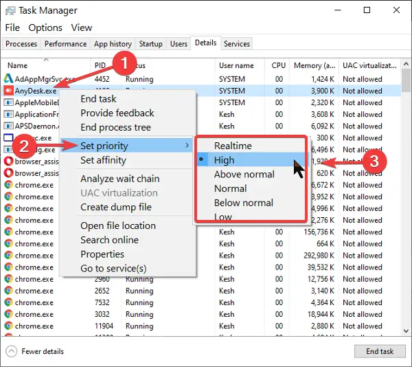 setting priority in task manager